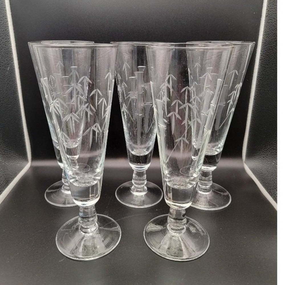 Vintage Etched Crystal Bamboo Pilsner Glassware MCM Barware Set of 5 Retro